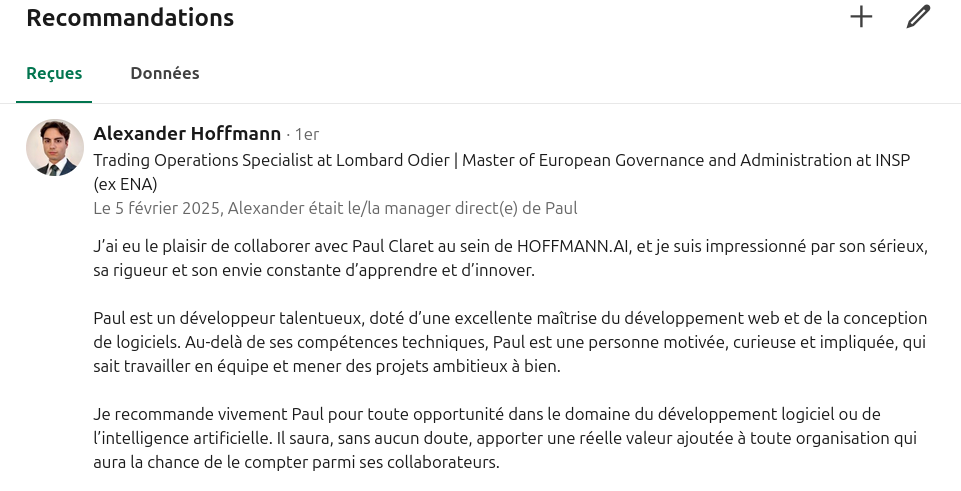 Review from Recommendation Letter - CEO, Hoffmann