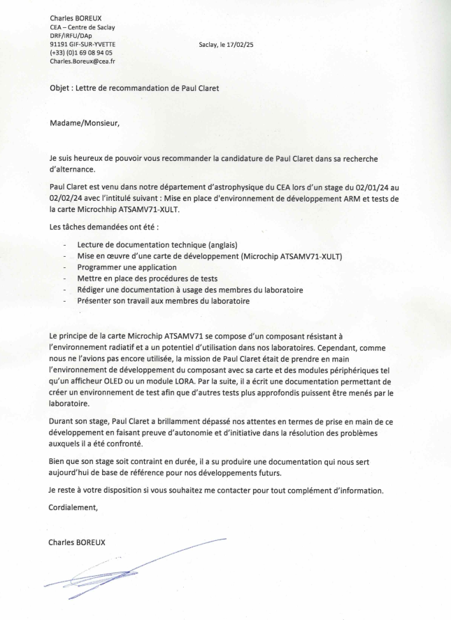 Review from CEA - Letter of recommendation Charles Boreux Microchip ARM